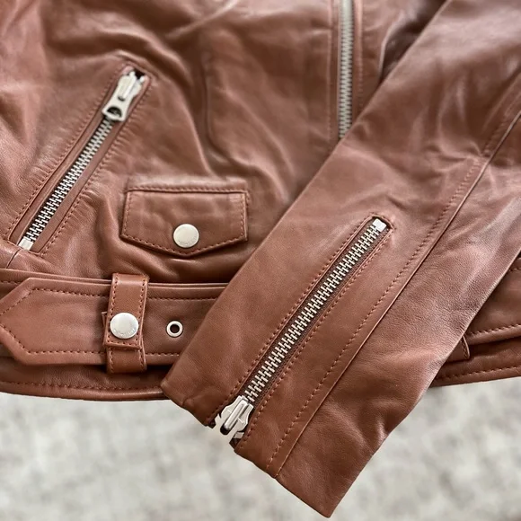 Aritzia Wilfred Free The iconic Lennon Brown new Moto Biker Leather Jacket Sz S - Picture 12 of 17